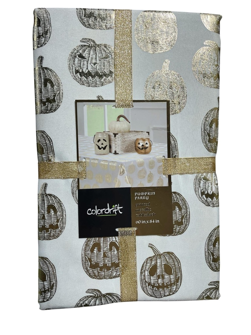 White and metallic gold Halloween tablecloth